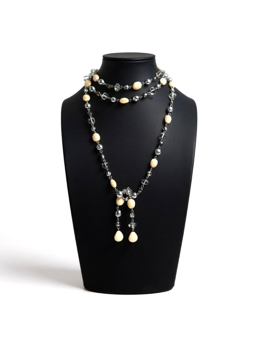 Vintage Lariat Necklace Crystal AB Glass Silver Smoky Cream Neutral BOHO 50"